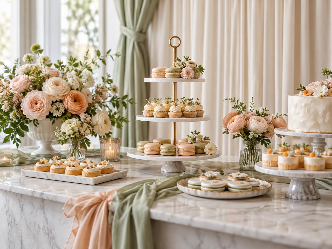 Baby shower dessert table in blush and sage