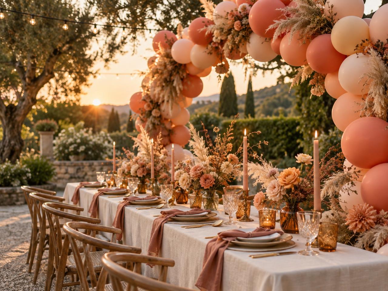Garden birthday tablescape with a coral balloon garland