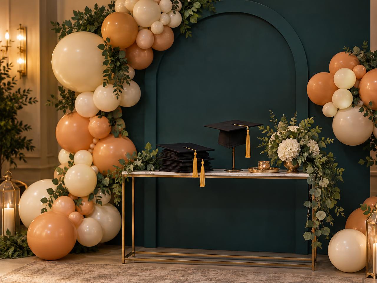 Graduation celebration corner in teal and apricot