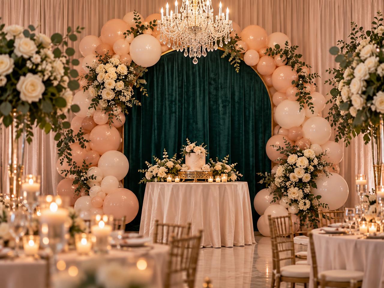 Quinceañera backdrop with blush balloons and a teal arch