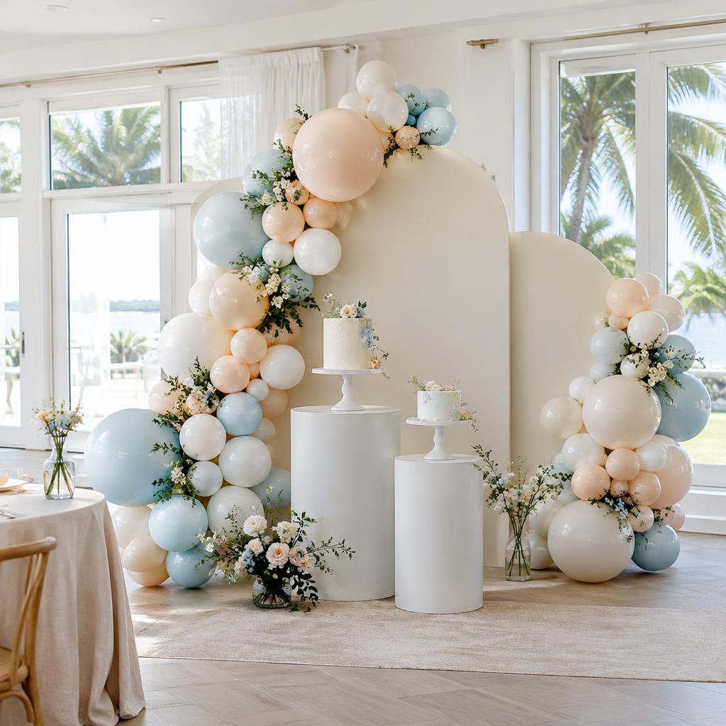 Gender reveal decoration in soft blue and ivory