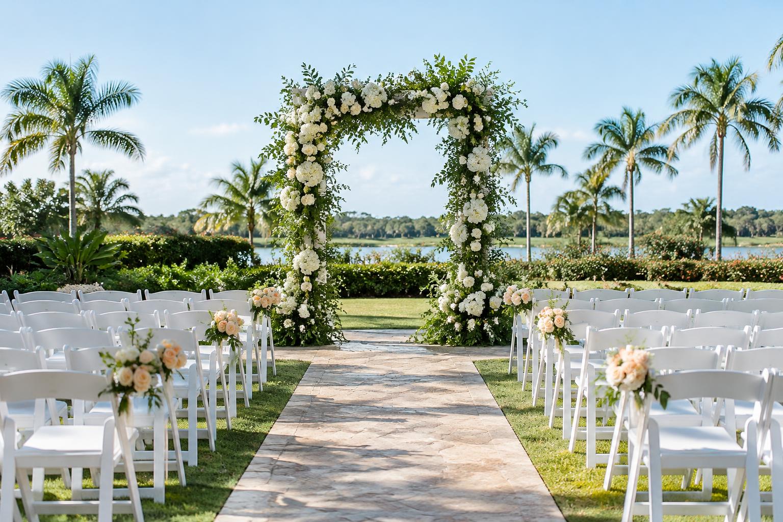 Garden wedding ceremony with a floral arch